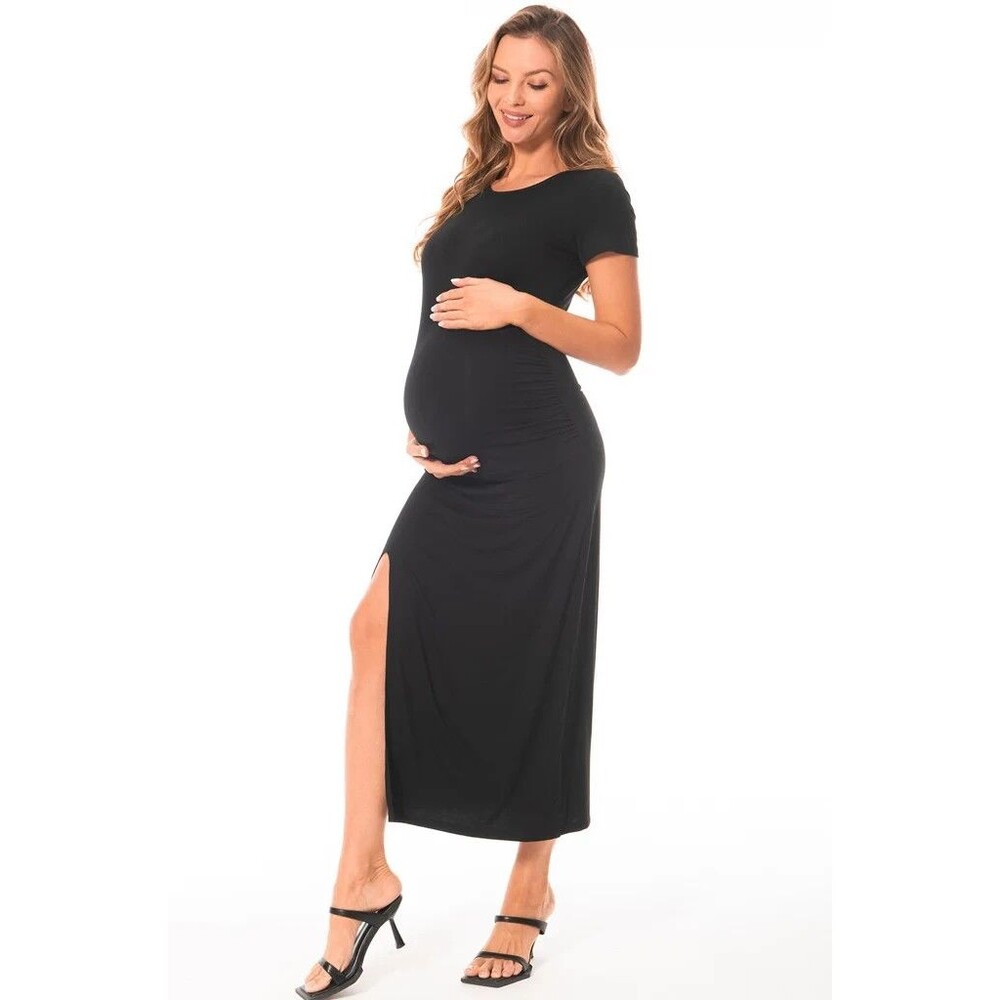 Women's Short Sleeve Maternity Dress Ruched Split Pregnancy Maxi Dress balck XL